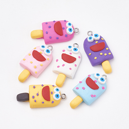 Pendentifs en argile polymère manuels, avec les accessoires en fer, glace avec sourire, platine