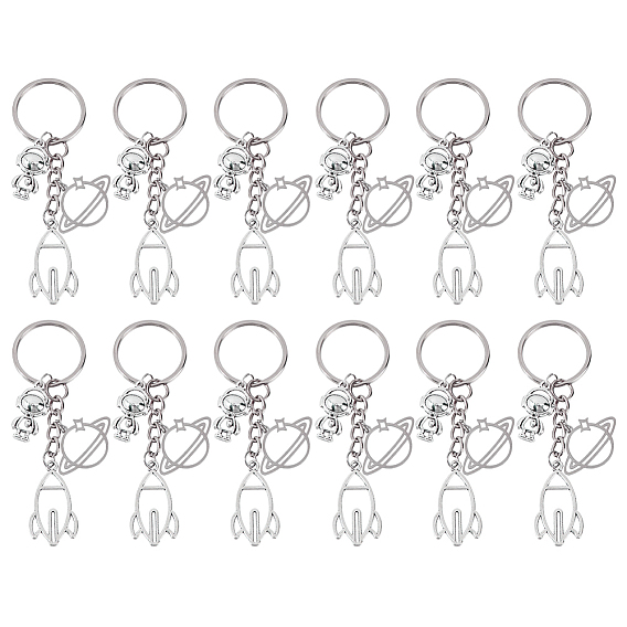 12Pcs Alloy & 304 Stainless Steel Robot & Rocket & Planet Keychains, with Iron Split Key Rings