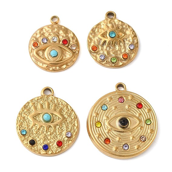 Ионное покрытие (ip) 304 подвески из нержавеющей стали, с красочными стразами, плоский круглый с шармом в виде глаз