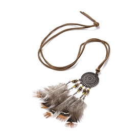Alloy Woven Net with Feather Pendant Necklace with Wood Beads, Bohemian Jewelry for Women
