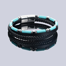 Column Gemstone Braided PU Leather 3-Strand Bracelets with Stainless Steel Magnetic Clasps for Men, Stainless Steel Color