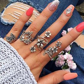 Boho Silver Vine Leaf Flower Ring Set - 4 Pieces Nature-inspired Jewelry Collection