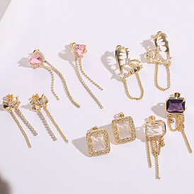 Geometric Heart Zircon Earrings with Sterling Silver Pin for Women, Luxury 14K Gold Chain Asymmetrical Studs