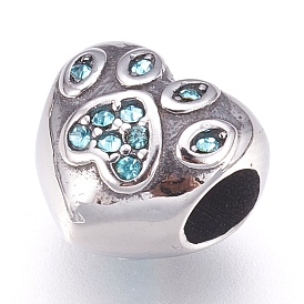 304 acier inoxydable perles européennes, Perles avec un grand trou   , avec strass, coeur avec des empreintes de chien