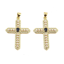 Rack Plating Brass Micro Pave Cubic Zirconia Pendants, with Plastic Pearl, Long-Lasting Plated, Lead Free & Cadmium Free, Cross