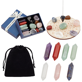 Nbeads Home Decoration Sets, including Natural Gemstone Display Decorations, Natural Black Agate Dowsing Pendulum Pendants and Wooden Carved Cup Mats