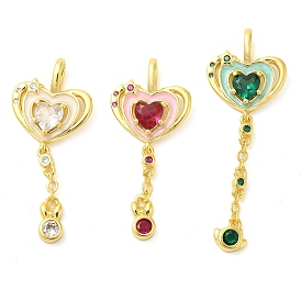 Heart Real 18K Gold Plated Rack Plating Brass Micro Pave Cubic Zirconia Pendants, with Enamel, Lead Free & Cadmium Free