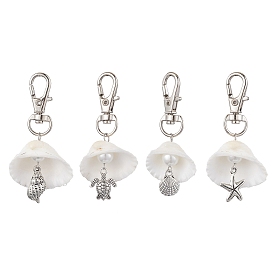 4Pcs 4 Styles Sea Animal Alloy & Natural Shell Pendant Decorations, Swivel Clasps Charms for Bag Ornaments