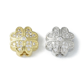 Rack Plating Brass Micro Pave Clear Cubic Zirconia Beads, Long-Lasting Plated, Lead Free & Cadmium Free, Clover