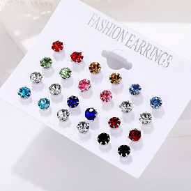 12 Pairs Round CZ Stud Earrings Set for Women, Sparkling Gemstone Ear Jewelry Kit