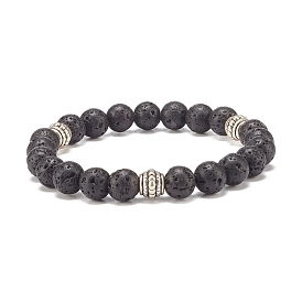 Natural Lava Rock & Alloy Round Beaded Stretch Bracelet, Essential Oil Gemstone Jewelry for Women