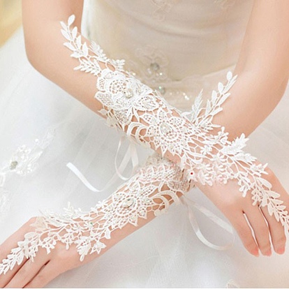 Flower Parttern Lace Gloves, with Glass Findings, for Wedding Bride Supplies