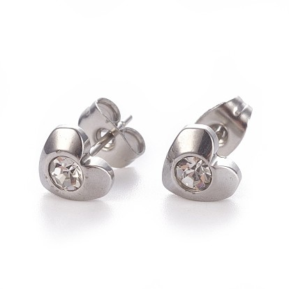 304 Stainless Steel Rhinestone Stud Earrings, with Ear Nuts/Earring Back, Heart