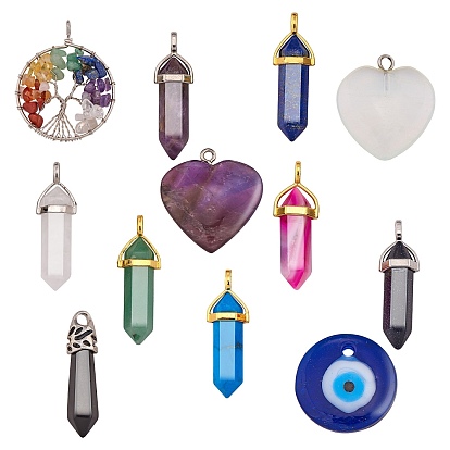 12Pcs 12 Style Gemstone Pendants, with 1Pc Handmade Evil Eye Lampwork Pendants, with Brass Findings, Bullet & Heart & Evil Eye & Tree of Life
