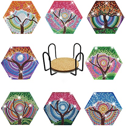 DIY Diamond Painting Tree Pattern Hexagon Coaster Kit, Including Acrylic Board, Resin Rhinestones Bag, Diamond Sticky Pen, Tray Plate and Glue Clay