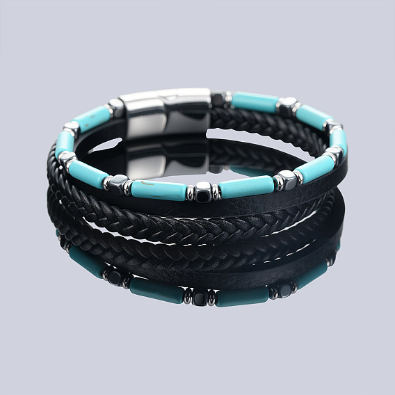 Column Gemstone Braided PU Leather 3-Strand Bracelets with Stainless Steel Magnetic Clasps for Men, Stainless Steel Color