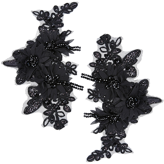 2Pcs Polyester Computerized Embroidered Appliques, with Resin Bead, Flower