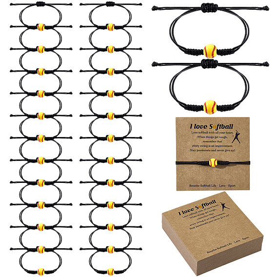 60шт. акриловые браслеты из бусин в форме бейсбольных мячей, Регулируемые браслеты из вощеного шнура для женщин и мужчин, 60карточки для демонстрации бумажных браслетов