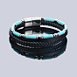 Column Gemstone Braided PU Leather 3-Strand Bracelets with Stainless Steel Magnetic Clasps for Men, Stainless Steel Color