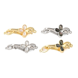 Brass Micro Pave Clear Cubic Zirconia Fold Over Clasps, with Abalone Shell/White Shell, Clover