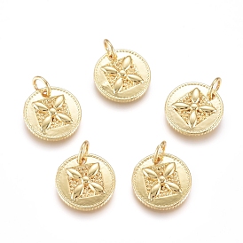 Brass Charms, with Jump Rings, Flat Round with Flower