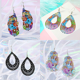 Colorful Leaf Iron Hook Earrings with Printed Feather and Hollowed-out Water Drop Design