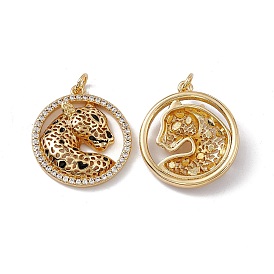 Brass Micro Pave Cubic Zirconia Pendants, with Jump Ring, Flat Round with Leopard/Cheetah Charm