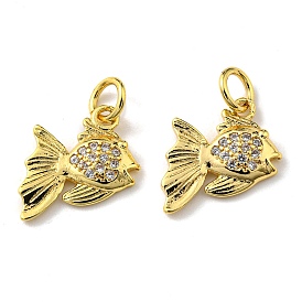 Rack Plating Brass Micro Pave Cubic Zirconia Charms, with Jump Ring, Fish