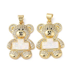 Brass Micro Pave Cubic Zirconia Pendants, with Shell, Bear