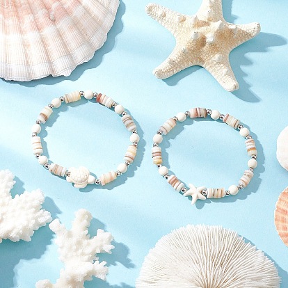 2шт. синтетические бирюзовые бусины эластичные браслеты для мужчин и женщин, черепаха и морская звезда, с натуральными бусинами из пресноводных ракушек и латунными бусинами-разделителями