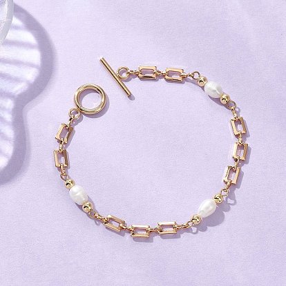 Браслеты из латунных цепей для женщин, с бисером пресноводного жемчуга, с Переключить застежками