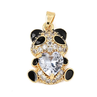 Brass Micro Pave Clear Cubic Zirconia with Glass Pendants, Panda Charms
