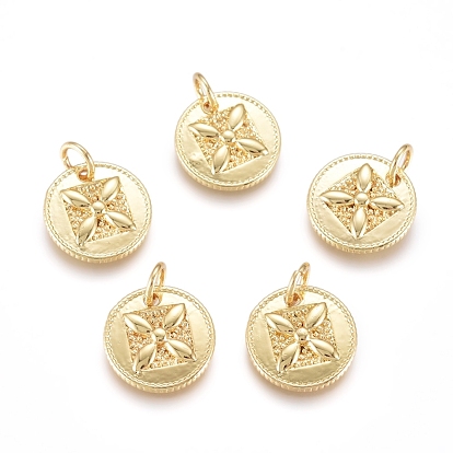 Brass Charms, with Jump Rings, Flat Round with Flower