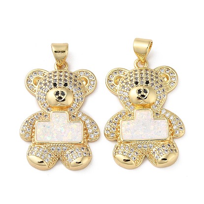 Brass Micro Pave Cubic Zirconia Pendants, Cadmium Free & Lead Free, with Shell, Bear