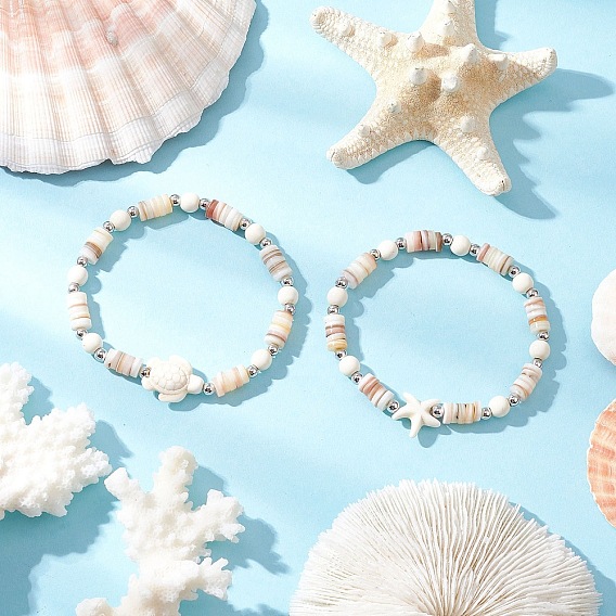 2шт. синтетические бирюзовые бусины эластичные браслеты для мужчин и женщин, черепаха и морская звезда, с натуральными бусинами из пресноводных ракушек и латунными бусинами-разделителями