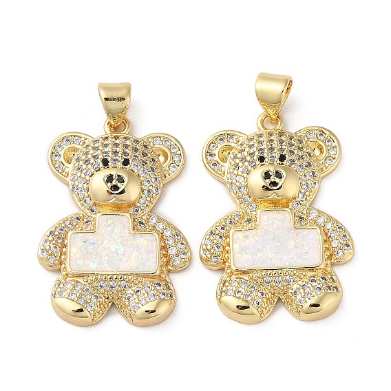 Brass Micro Pave Cubic Zirconia Pendants, Cadmium Free & Lead Free, with Shell, Bear