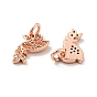 Pigeon with Leaf Brass Micro Pave Clear Cubic Zirconia Charms, with Jump Rings, Cadmium Free & Lead Free