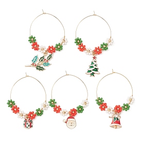 Christmas Theme Alloy Enamel Wine Glass Charms, with 316 Surgical Stainless Steel Hoop Earring Findings and Glass Seed Bead