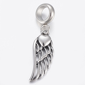 304 Stainless Steel Dangle Charms, Large Hole Pendants, Wing