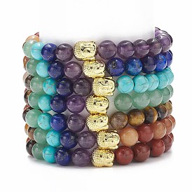 7Pcs 7 Style Natural & Synthetic Mixed Gemstone Stretch Bracelets Set with Alloy Buddha Head Beaded, Chakra Yoga Stackable Bracelets for Women