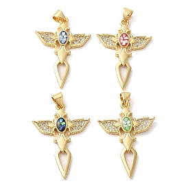 Cross with Wing Brass Micro Pave Clear Cubic Zirconia Pendants, with Shell & Enamel, Long-Lasting Plated, Lead Free & Cadmium Free, Real 18K Gold Plated