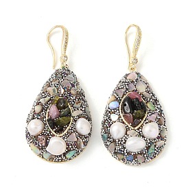 Natural Pearl & Rhinestone Dangle Earrings, Teardrop Brass Paua Shell Jewelry for Women