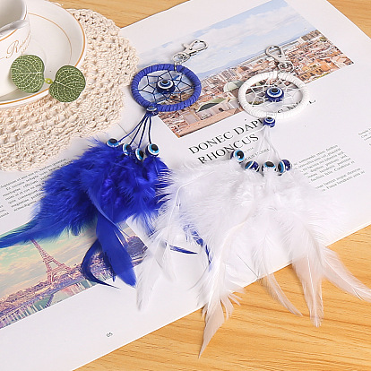 Iron Woven Web/Net with Feather Pendant Decorations, with Blue Evil Eye, for Home Decorations