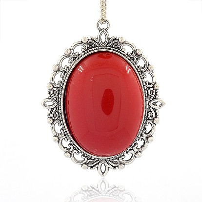 Oval Tibetan Style Alloy Resin Big Big Gothic Pendants, Antique Silver Metal Color, 61x47x12mm, Hole: 3mm