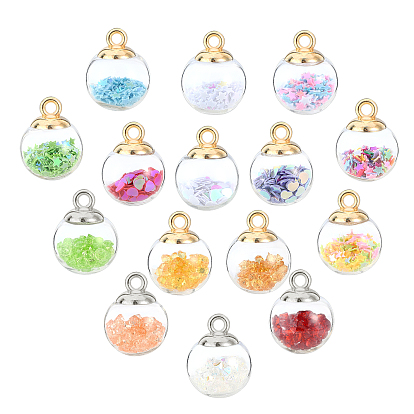 Glass Ball Pendants, with Glitter Sequins, Rhinestone and CCB Plastic Findings, Round