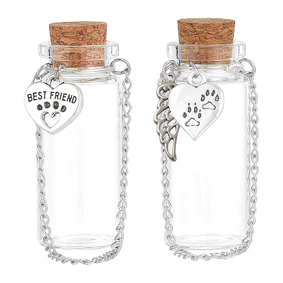 2шт 2 стили стеклянная трубка бутылка желаний, с подвесками в виде сердечек и крыльев и пробковой пробкой