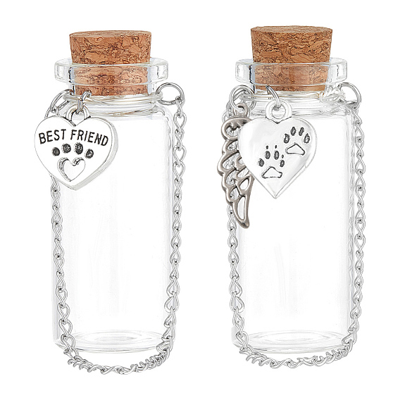 2шт 2 стили стеклянная трубка бутылка желаний, с подвесками в виде сердечек и крыльев и пробковой пробкой