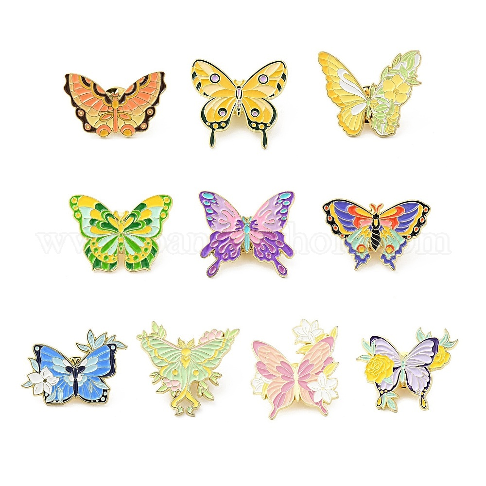 Flower Butterfly Enamel Pin, Gold Plated Alloy Badge for Backpack Clothes,  Green Yellow, 22x30x1.5mm