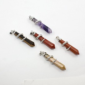 Gemstone Big Pendants, with Brass Findings, Snake with Diamond, Platinum Metal Color, 60x12mm, Hole: 5x7mm