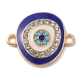 Alloy Enamel Evil Eye Connector Charms, with Crystal Rhinestones, Light Gold, Curved Flat Round